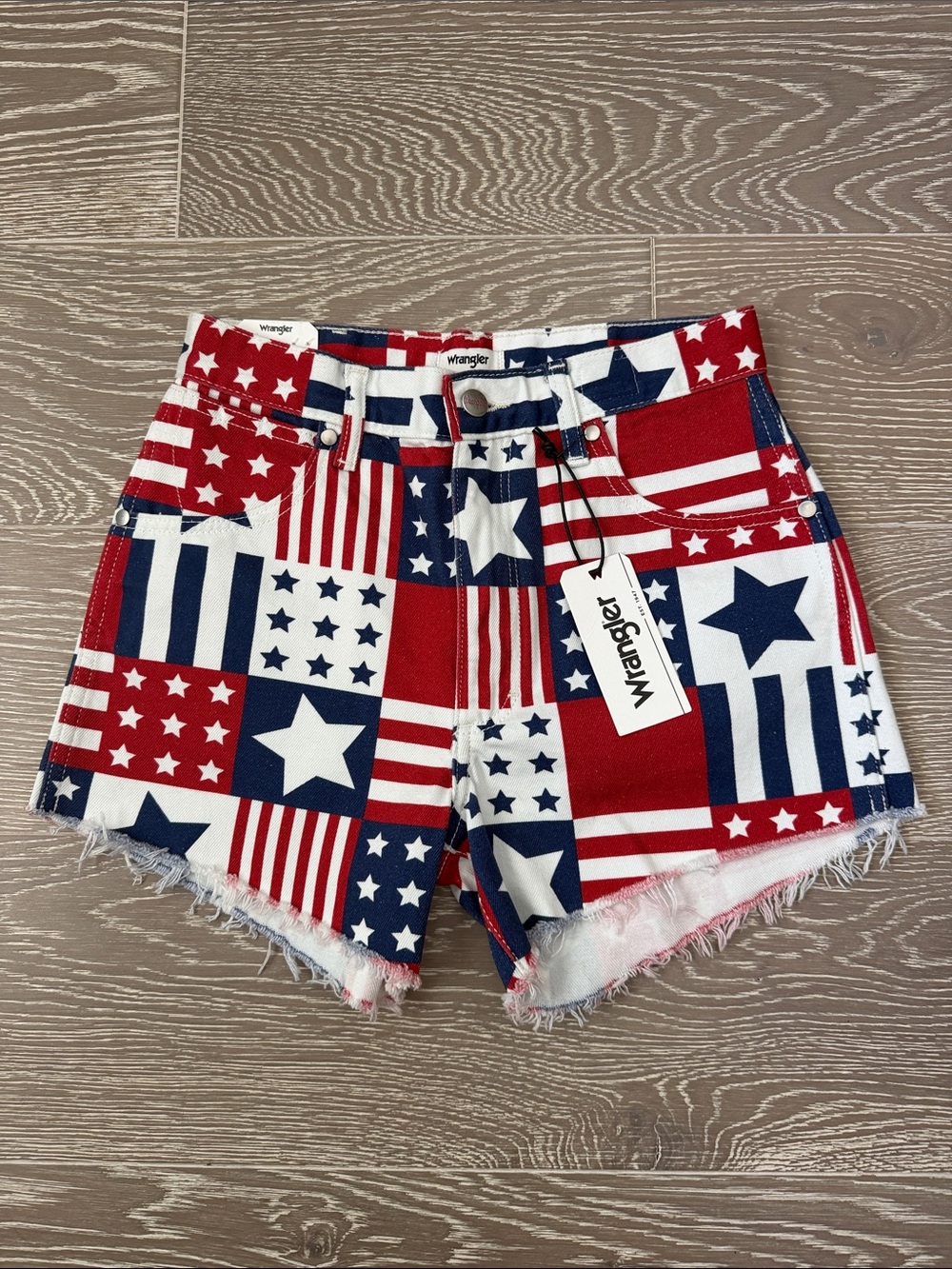 Wrangler Red White and Blue Patchwork Flag Denim Shorts